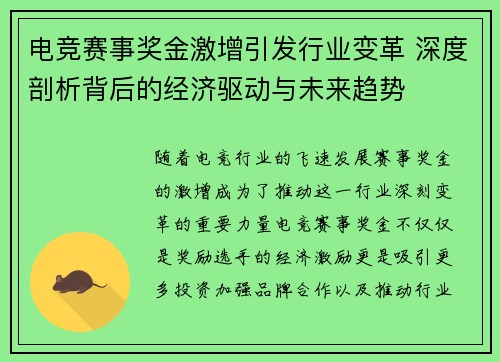 电竞赛事奖金激增引发行业变革 深度剖析背后的经济驱动与未来趋势 电竞赛事奖金激增引发行业变革 深度剖析背后的经济驱动与未来趋势