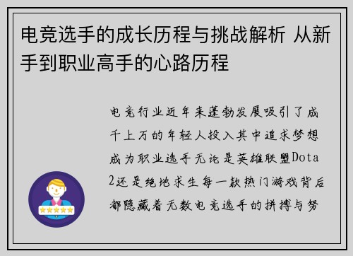 电竞选手的成长历程与挑战解析 从新手到职业高手的心路历程